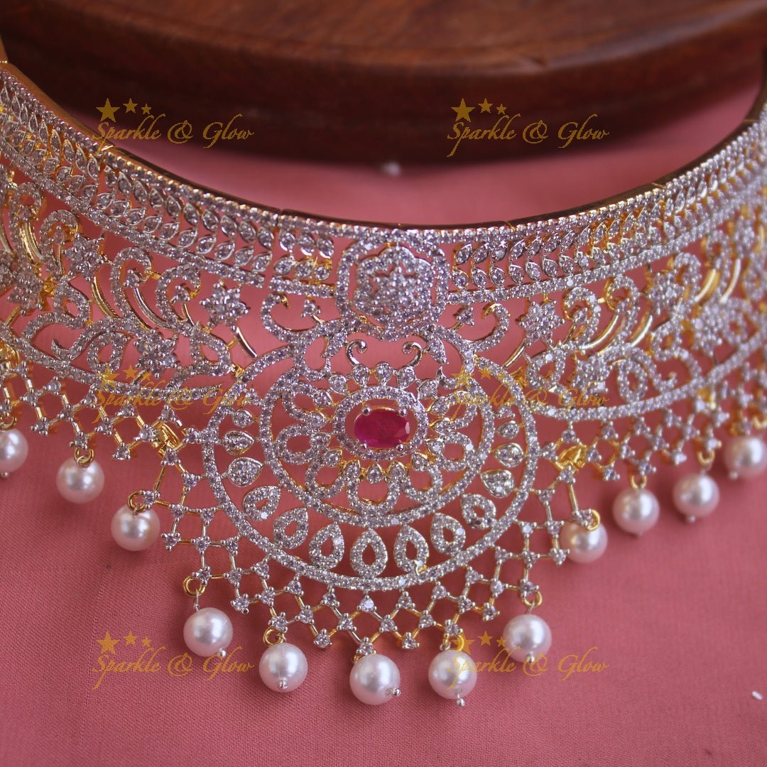 Sparkling Floral and branch design American diamond choker with emerald stones and pearl drops - green - Sparkle and Glow - Pink - Back Thread