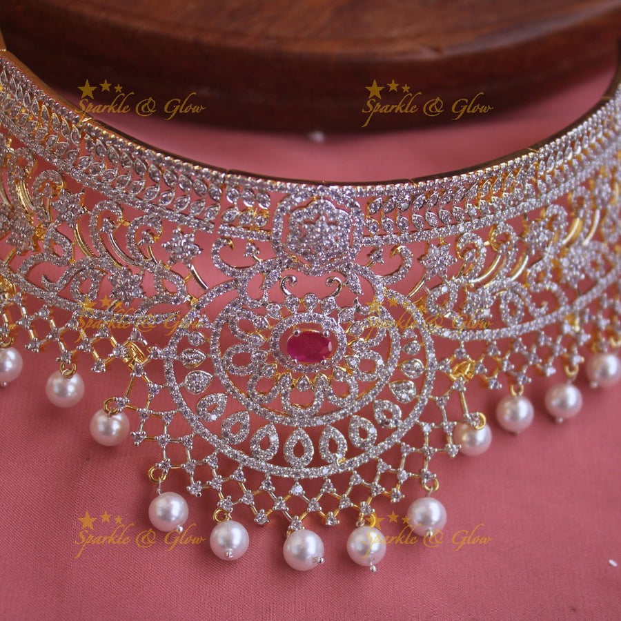 Sparkling Floral and branch design American diamond choker with emerald stones and pearl drops - green - Sparkle and Glow - Pink - Back Thread