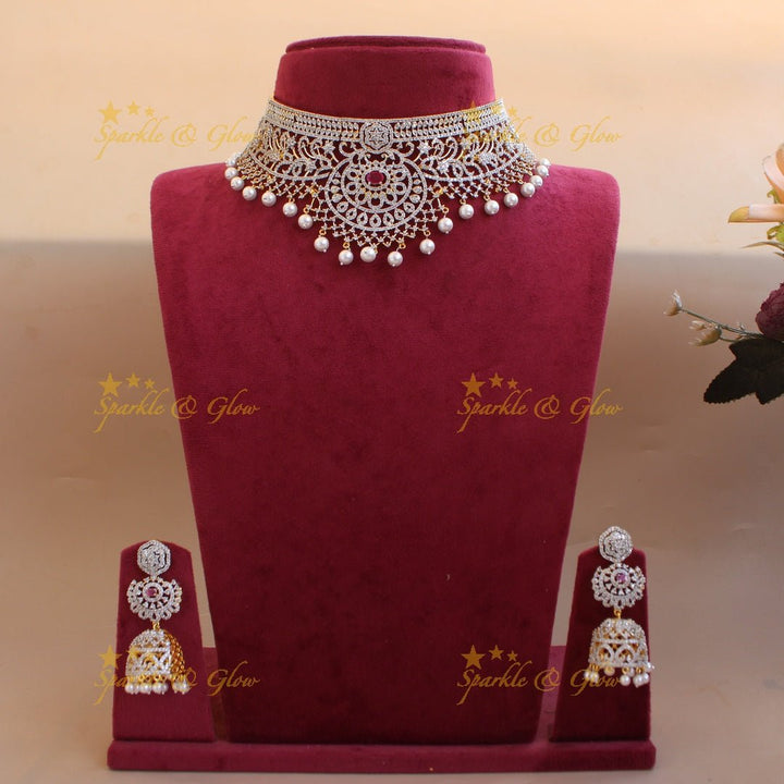 Sparkling Floral and branch design American diamond choker with emerald stones and pearl drops - green - Sparkle and Glow - Green - Back Thread