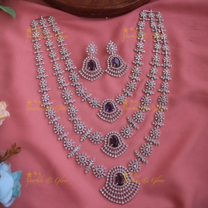 Gorgeous Floral leaflet design silver finish American diamond multi layer haram with emerald stones - green - Sparkle and Glow - Green - Back Thread