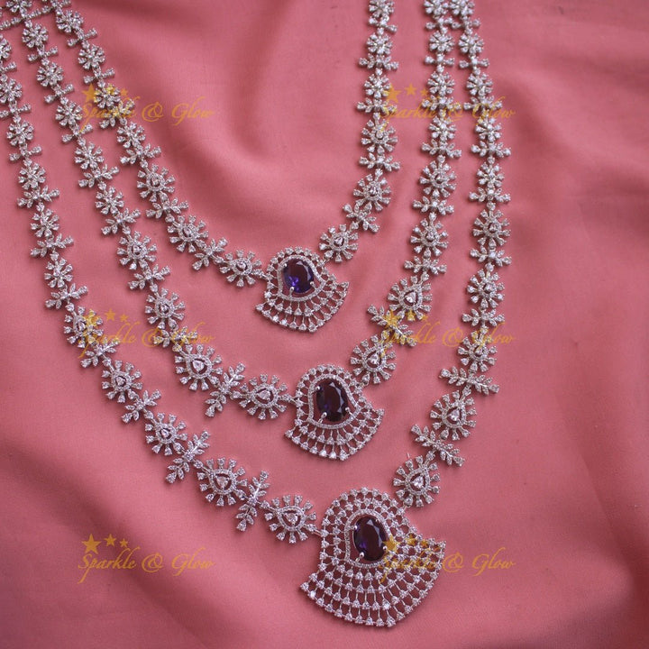 Gorgeous Floral leaflet design silver finish American diamond multi layer haram with emerald stones - green - Sparkle and Glow - Blue - Back Thread