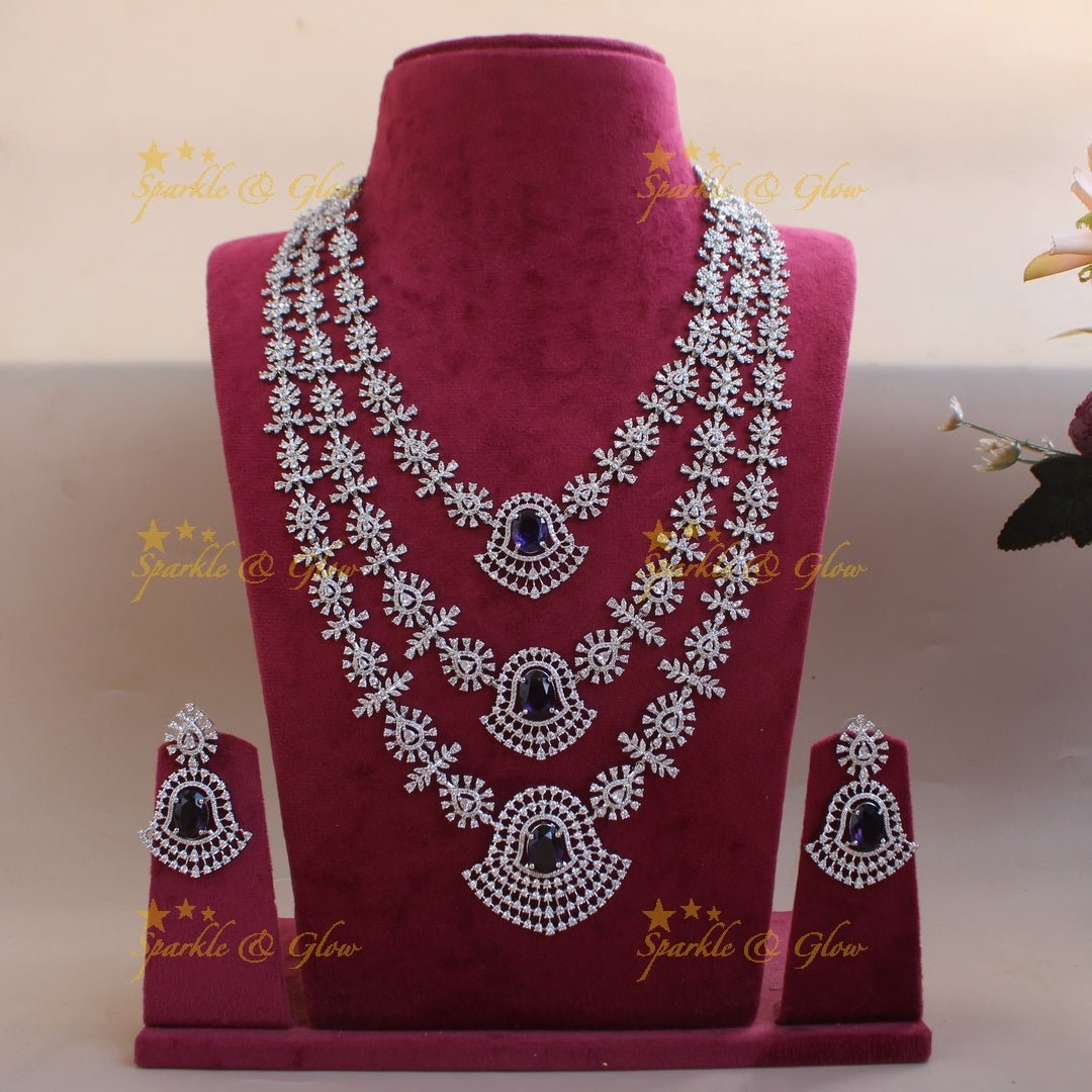 Gorgeous Floral leaflet design silver finish American diamond multi layer haram with emerald stones - green - Sparkle and Glow - Green - Back Thread