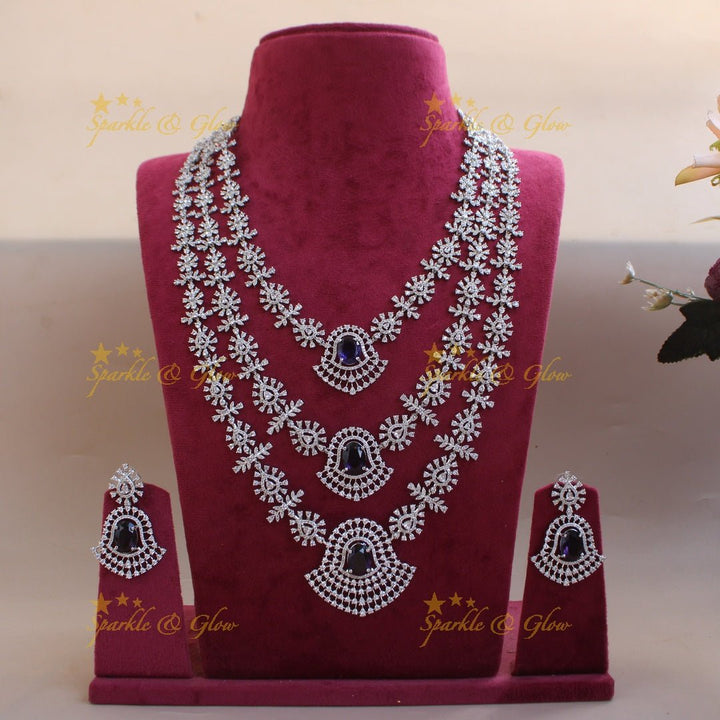 Gorgeous Floral leaflet design silver finish American diamond multi layer haram with emerald stones - green - Sparkle and Glow - Green - Back Thread