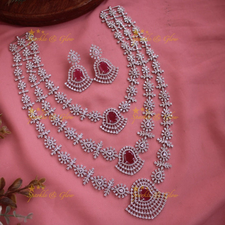 Gorgeous Floral leaflet design silver finish American diamond multi layer haram with emerald stones - green - Sparkle and Glow - Green - Back Thread