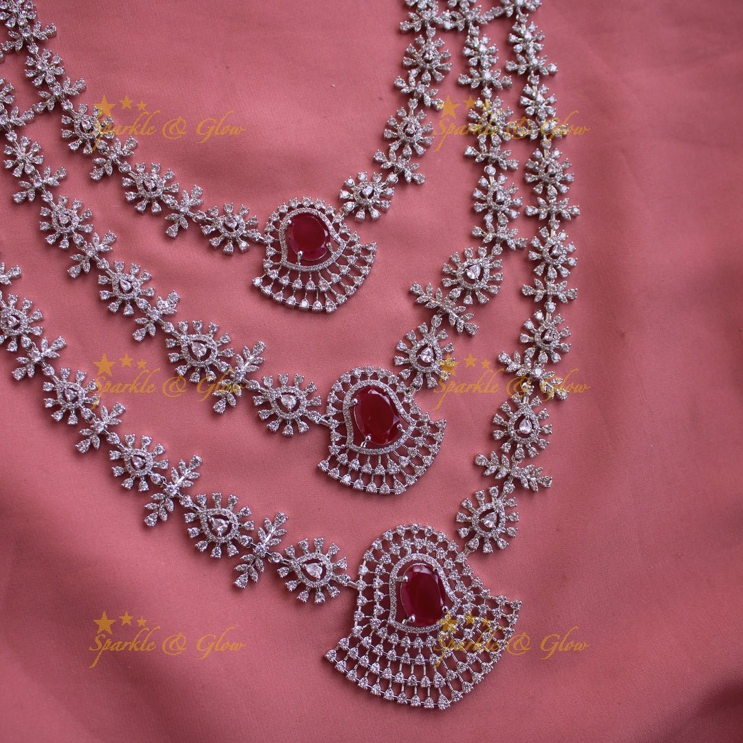Gorgeous Floral leaflet design silver finish American diamond multi layer haram with emerald stones - green - Sparkle and Glow - Red - Back Thread