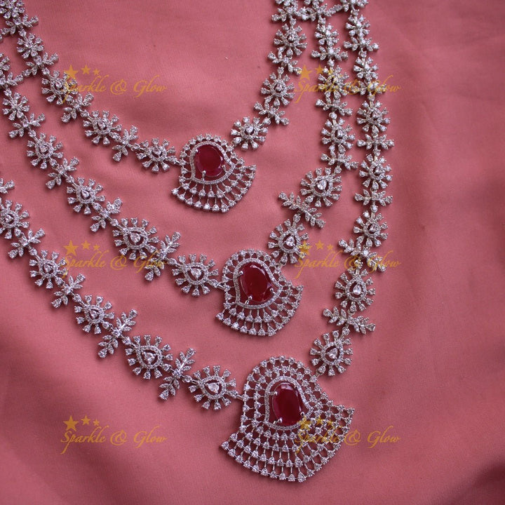 Gorgeous Floral leaflet design silver finish American diamond multi layer haram with emerald stones - green - Sparkle and Glow - Red - Back Thread