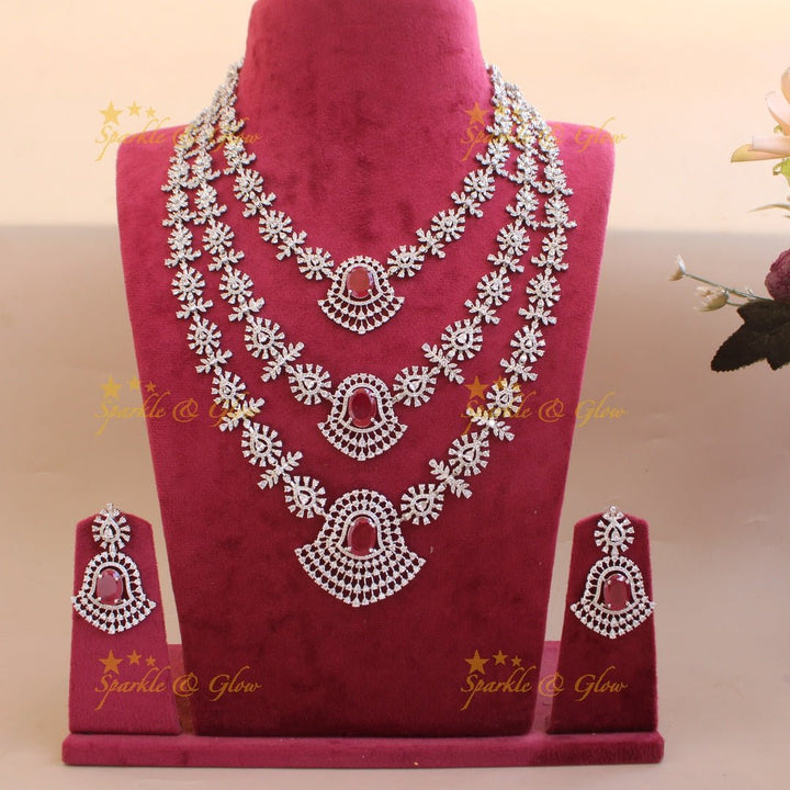 Gorgeous Floral leaflet design silver finish American diamond multi layer haram with emerald stones - green - Sparkle and Glow - Red - Back Thread