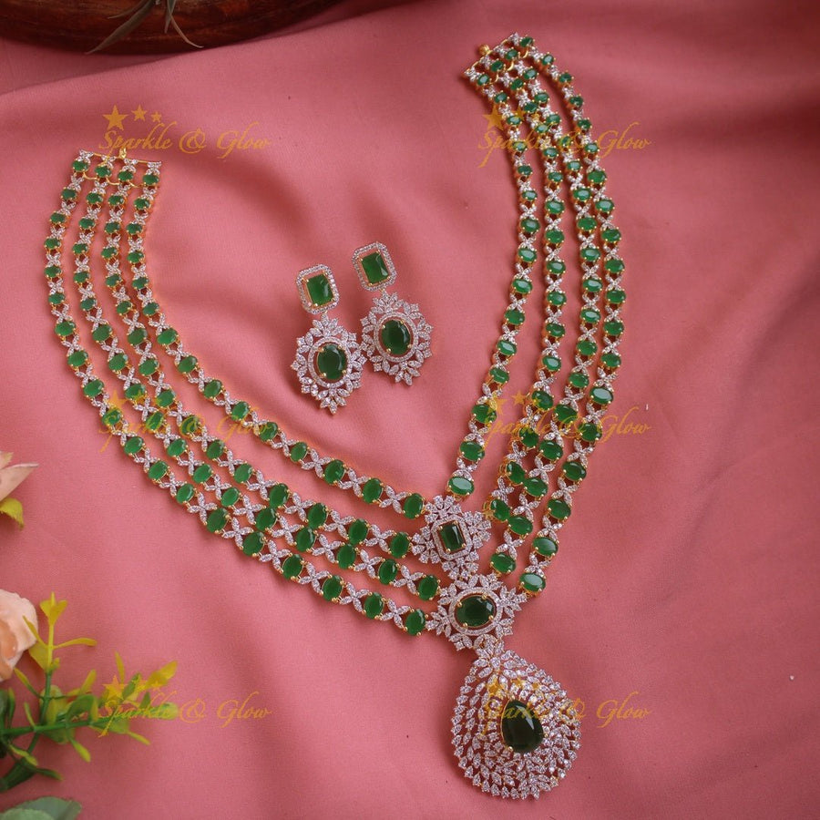 Glittering Floral pandent American diamond multi layer short necklace with blue stones - Sparkle and Glow - Green - Back Thread
