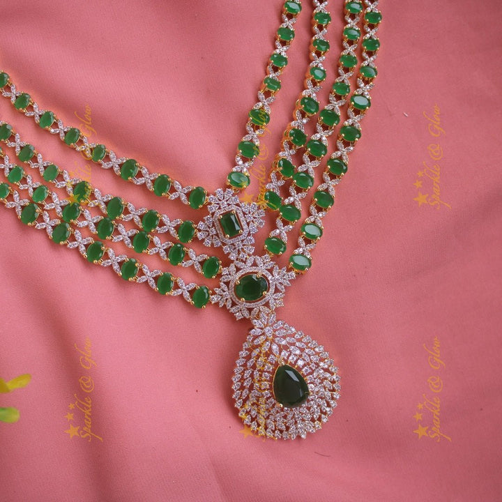 Glittering Floral pandent American diamond multi layer short necklace with blue stones - Sparkle and Glow - Green - Back Thread