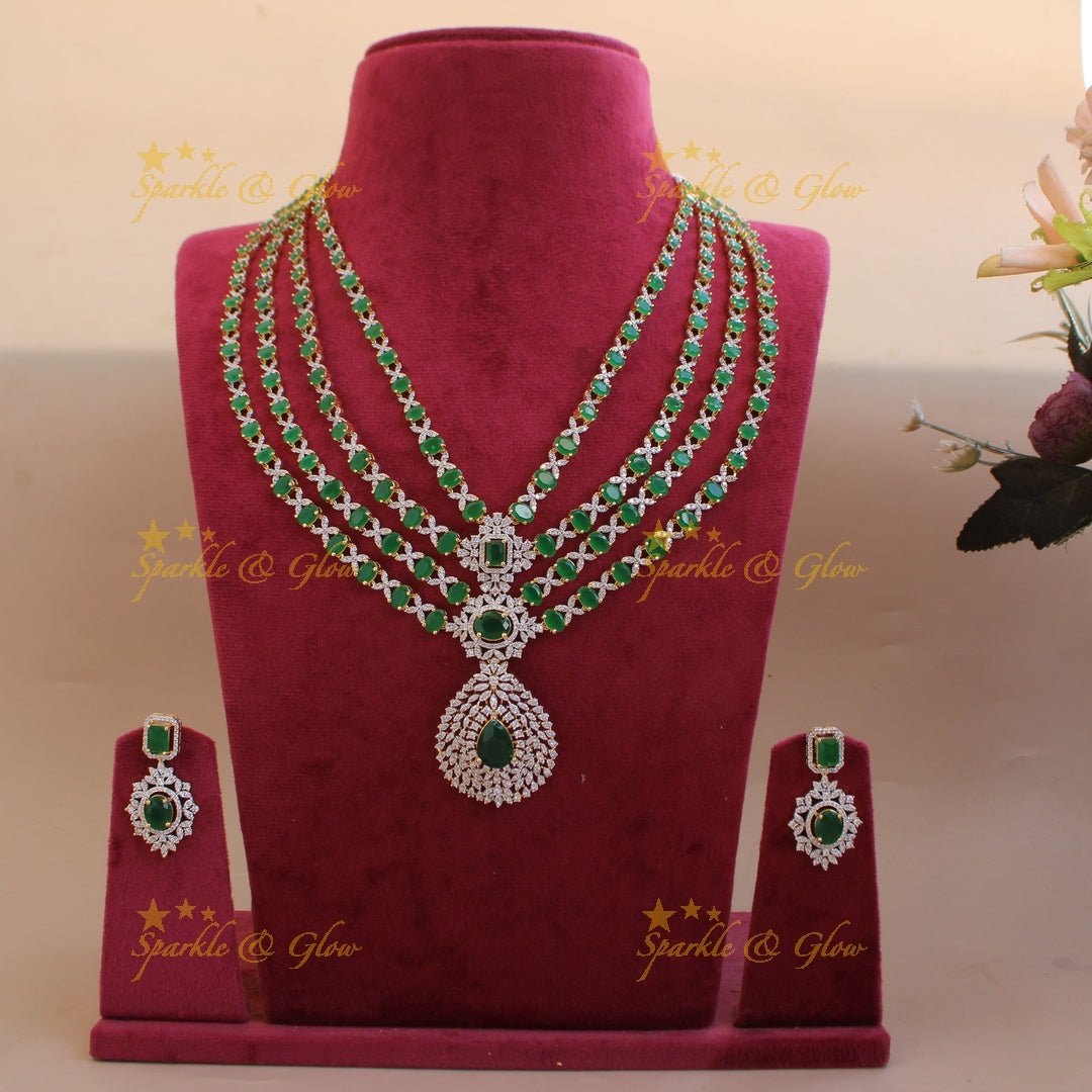 Glittering Floral pandent American diamond multi layer short necklace with blue stones - Sparkle and Glow - Babypibk - Back Thread