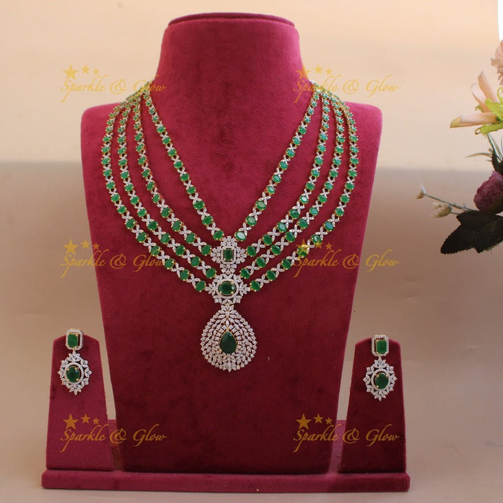 Glittering Floral pandent American diamond multi layer short necklace with blue stones - Sparkle and Glow - Babypibk - Back Thread
