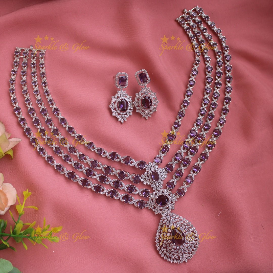 Glittering Floral pandent American diamond multi layer short necklace with blue stones - Sparkle and Glow - Purple - Back Thread