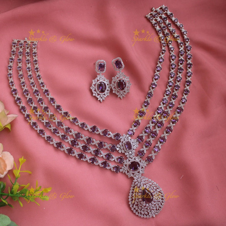 Glittering Floral pandent American diamond multi layer short necklace with blue stones - Sparkle and Glow - Purple - Back Thread