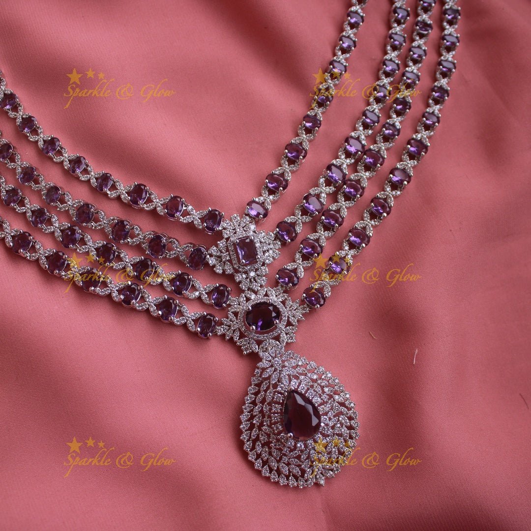 Glittering Floral pandent American diamond multi layer short necklace with blue stones - Sparkle and Glow - Green - Back Thread
