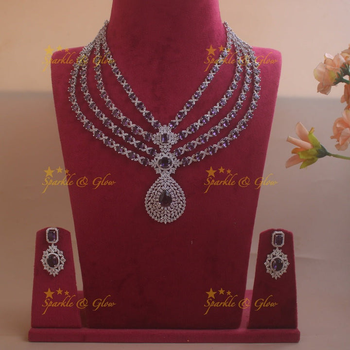 Glittering Floral pandent American diamond multi layer short necklace with blue stones - Sparkle and Glow - Green - Back Thread
