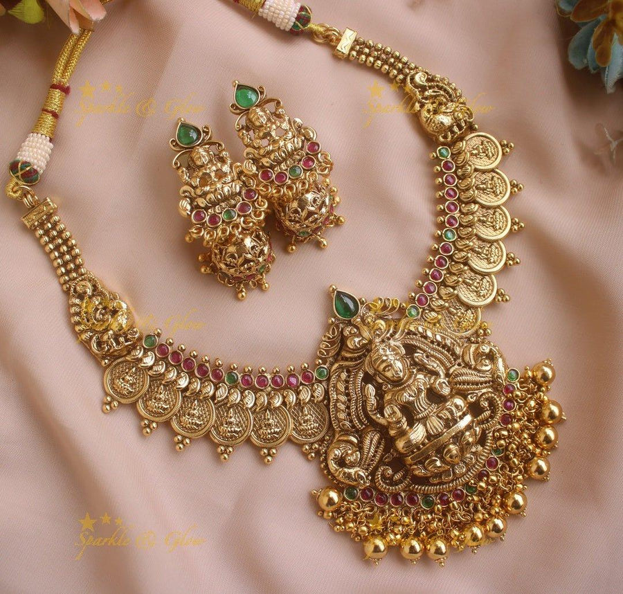 Gold like Coin Lakshmi short necklace with Gold beads - Sparkle and Glow