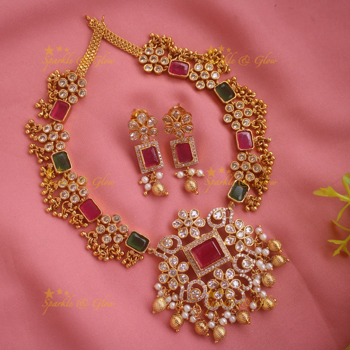 Stunning Floral design AD short necklace with cluster gold beads with emerald - green