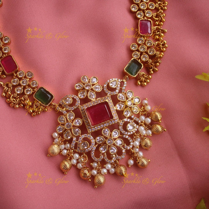Stunning Floral design AD short necklace with cluster gold beads with ruby and emerald - Sparkle and Glow - Back Thread - 