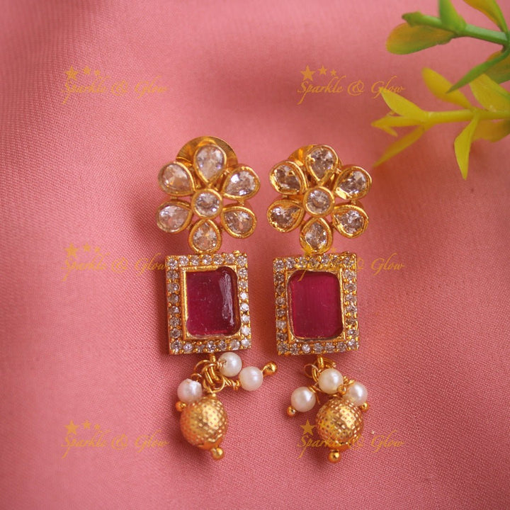 Stunning Floral design AD short necklace with cluster gold beads with ruby and emerald - Sparkle and Glow - Back Thread - 