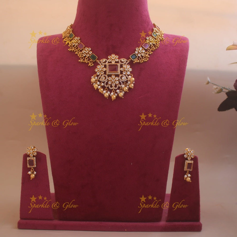 Stunning Floral design AD short necklace with cluster gold beads with ruby and emerald - Sparkle and Glow - Back Thread - 