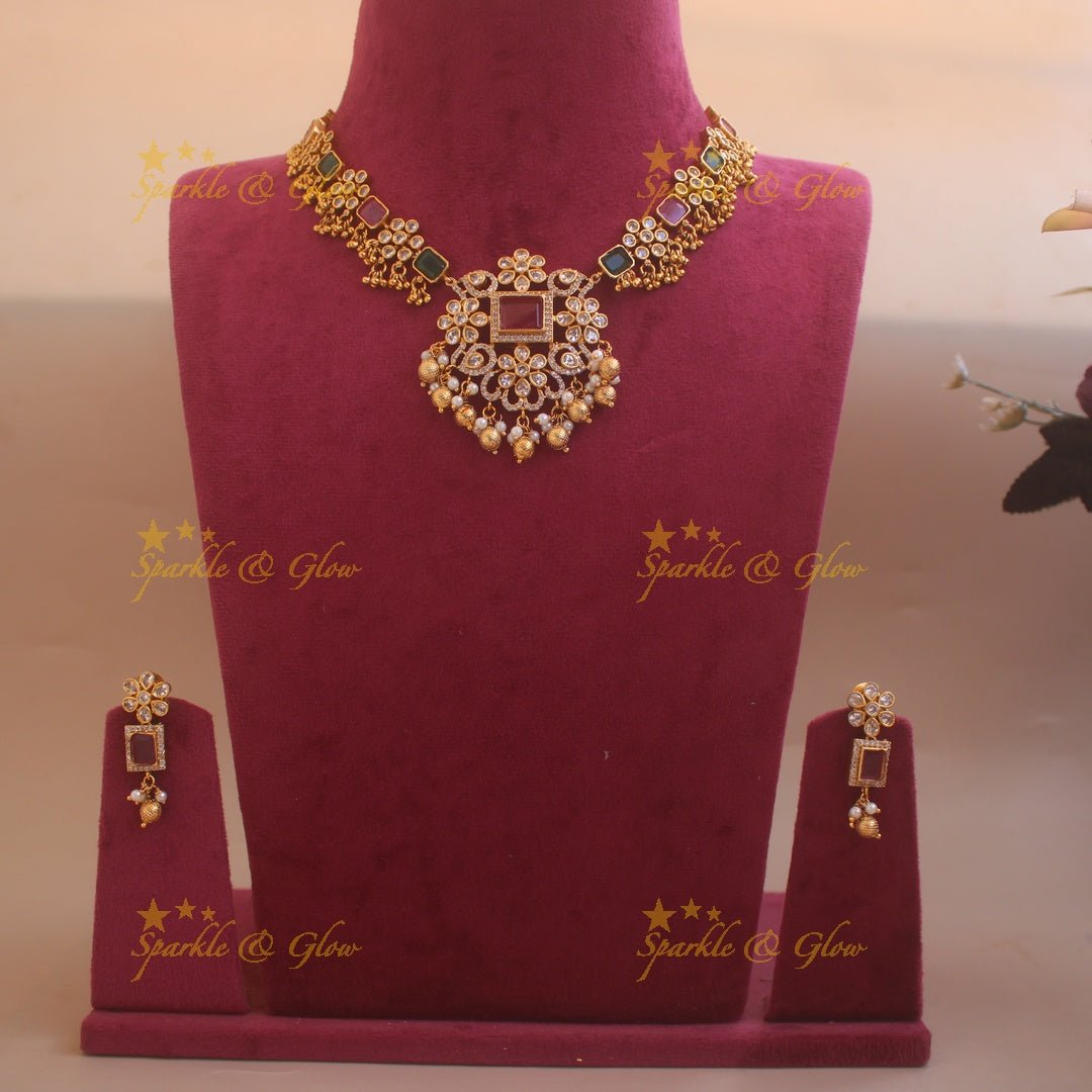 Stunning Floral design AD short necklace with cluster gold beads with ruby and emerald - Sparkle and Glow - Back Thread - 