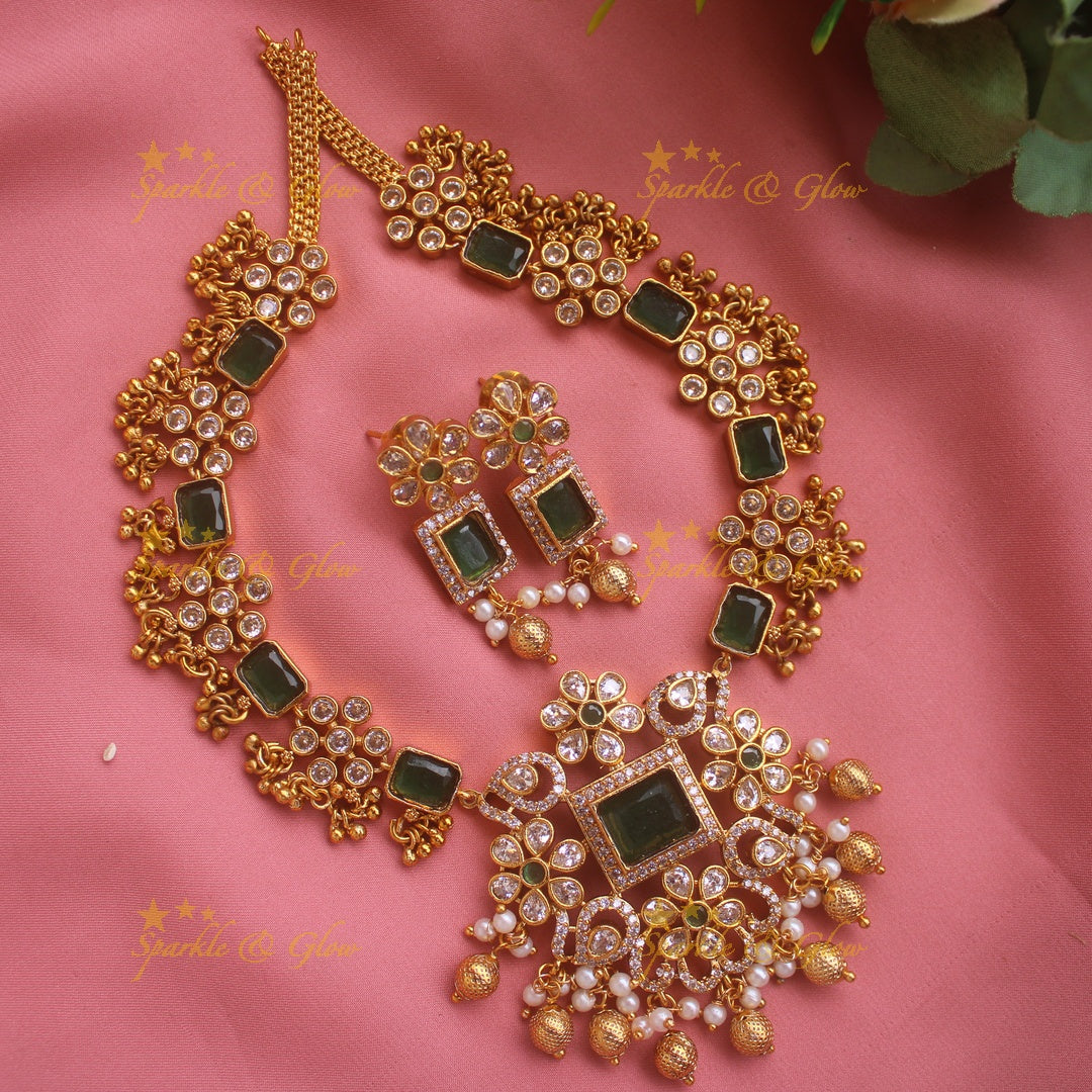 Stunning Floral design AD short necklace with cluster gold beads with emerald - green