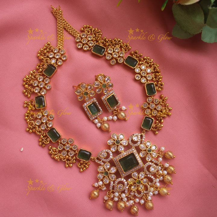 Stunning Floral design AD short necklace with cluster gold beads with emerald - green