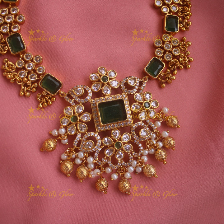 Stunning Floral design AD short necklace with cluster gold beads with emerald - green