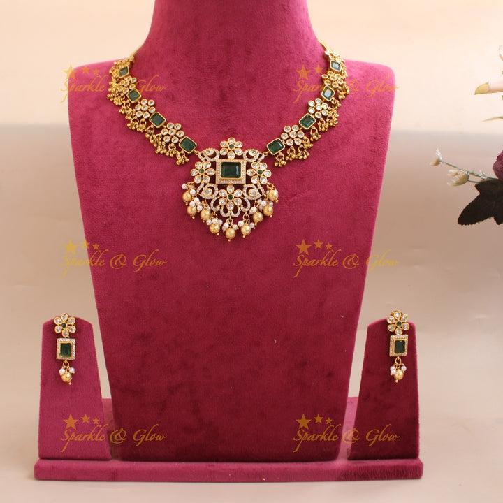 Stunning Floral design AD short necklace with cluster gold beads with emerald - green