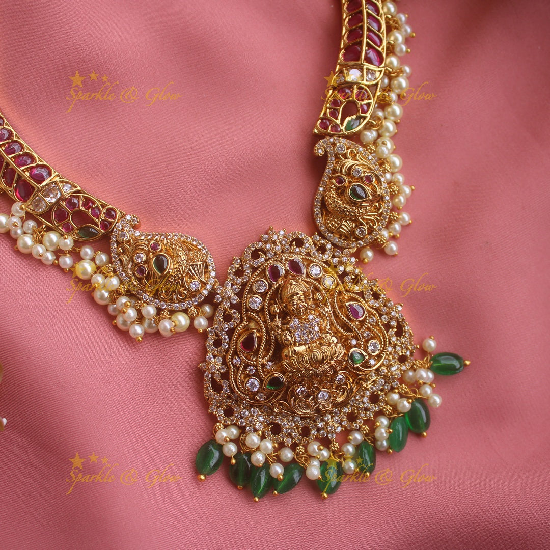 Exclusive Lakshmi mango design gutta pusalu short necklace with green beads