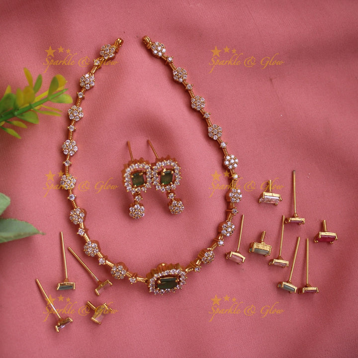Elegant Floral design AD short necklace with multi colour interchangeable stones