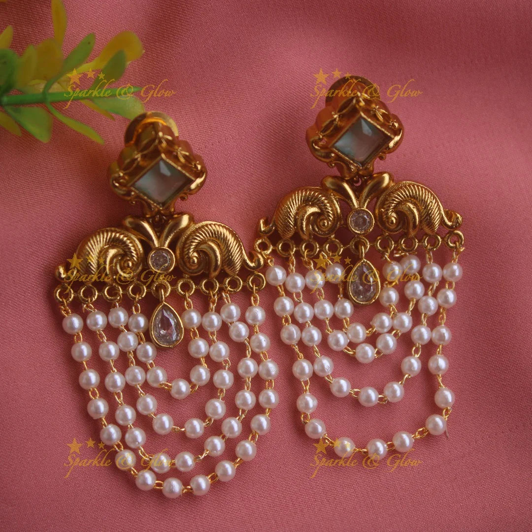 Statement gold alike jhumukas with stones and pearl loops - Sparkle and Glow