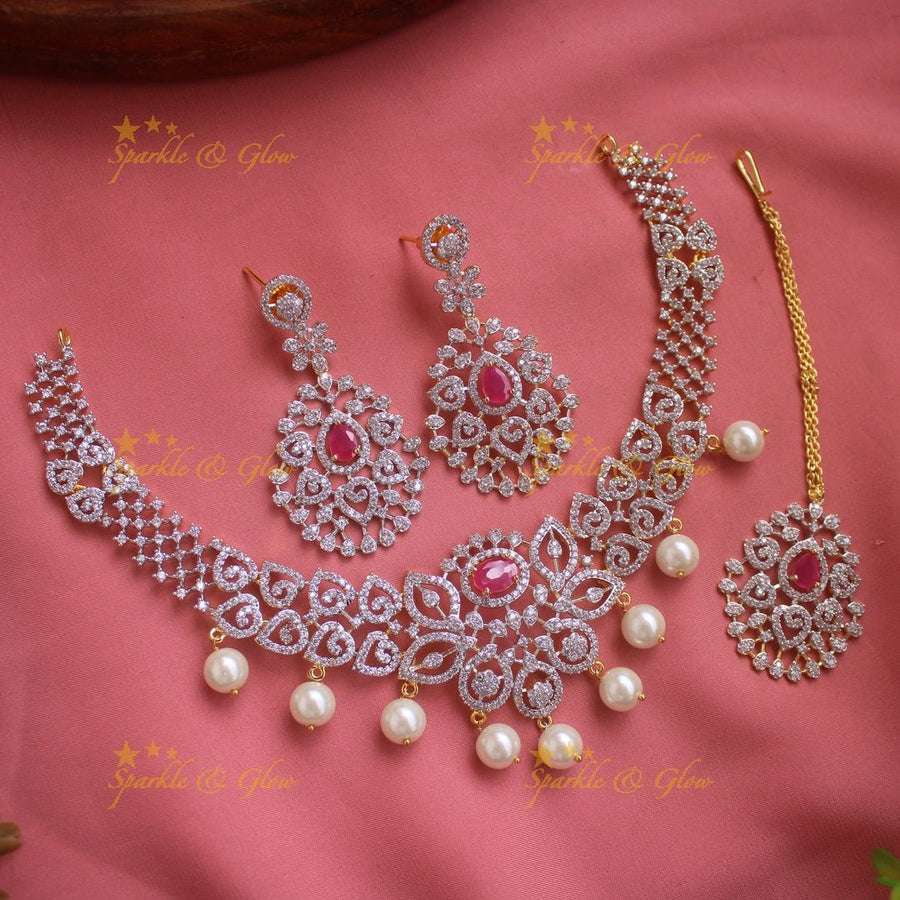 Elegant Floral Leaflet design American diamond short necklace with ruby and pearl drops with maang tikka - pink - Sparkle and Glow - Back Thread - 
