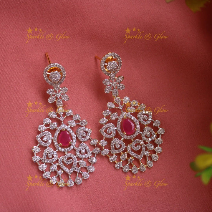 Elegant Floral Leaflet design American diamond short necklace with ruby and pearl drops with maang tikka - pink - Sparkle and Glow - Back Thread - 