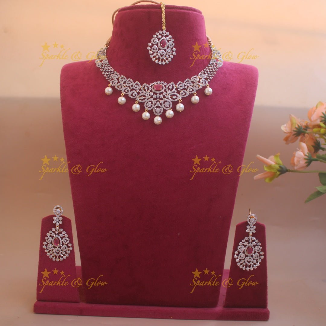 Elegant Floral Leaflet design American diamond short necklace with ruby and pearl drops with maang tikka - pink - Sparkle and Glow - Back Thread - 