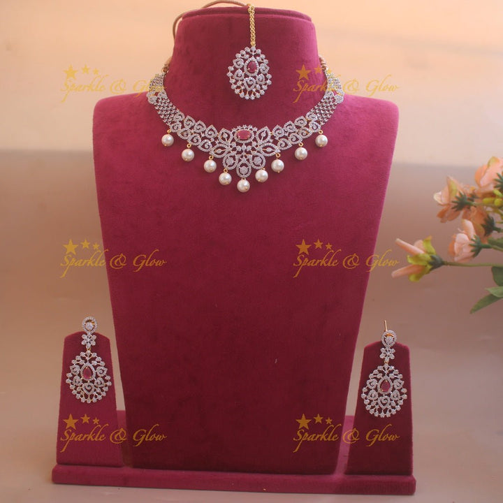 Elegant Floral Leaflet design American diamond short necklace with ruby and pearl drops with maang tikka - pink - Sparkle and Glow - Back Thread - 