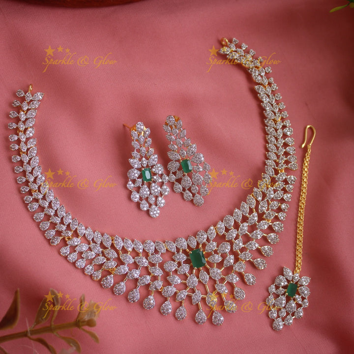 Beautiful Leaflet design American diamond short necklace with ruby with maang tikka - pink