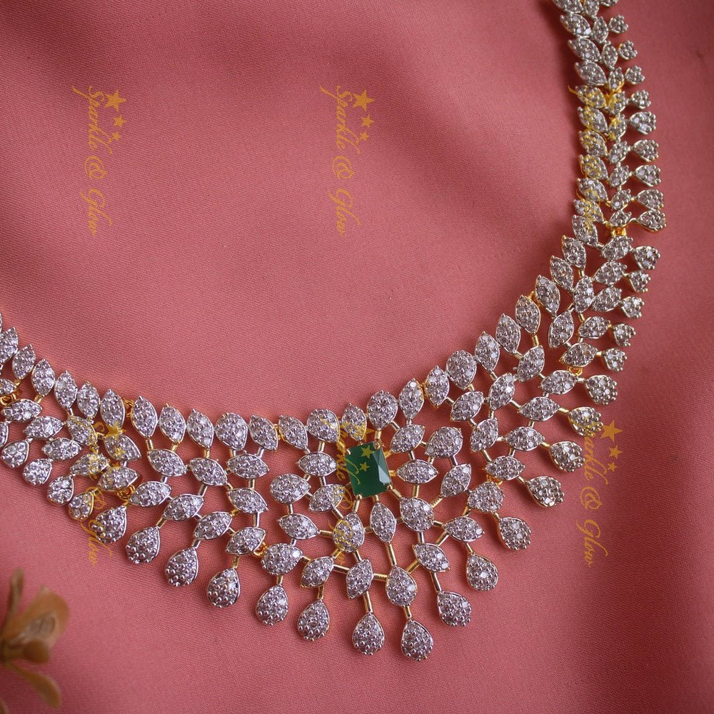 Beautiful Leaflet design American diamond short necklace with emerald with maang tikka - Sparkle and Glow - Back Thread - 