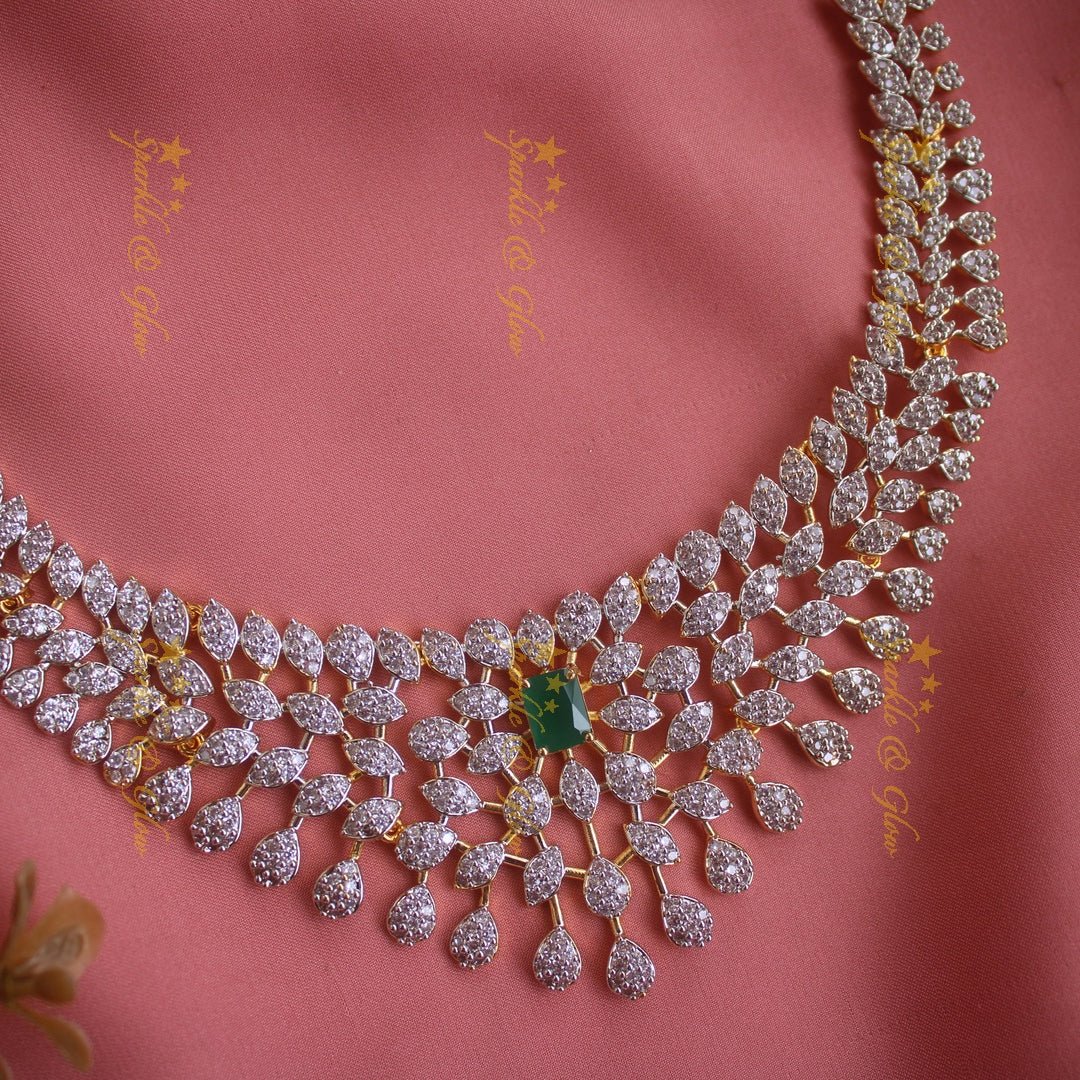 Beautiful Leaflet design American diamond short necklace with emerald with maang tikka - Sparkle and Glow - Back Thread - 