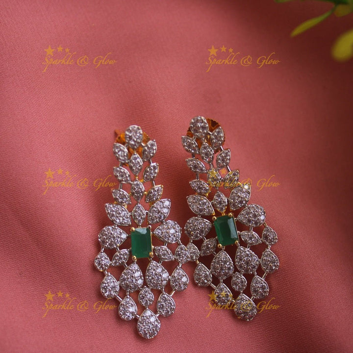Beautiful Leaflet design American diamond short necklace with emerald with maang tikka - Sparkle and Glow - Back Thread - 