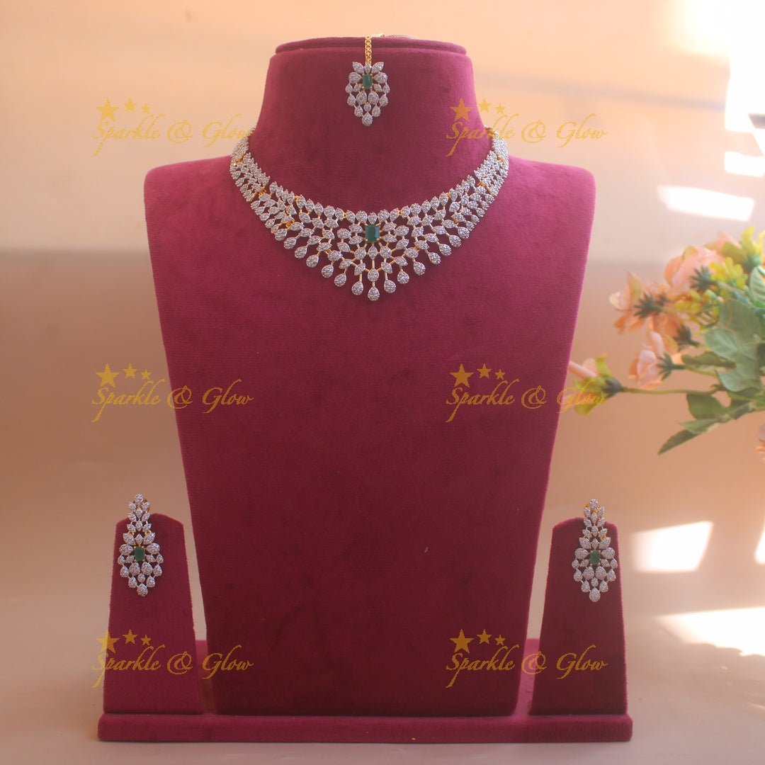 Beautiful Leaflet design American diamond short necklace with emerald with maang tikka - Sparkle and Glow - Back Thread - 