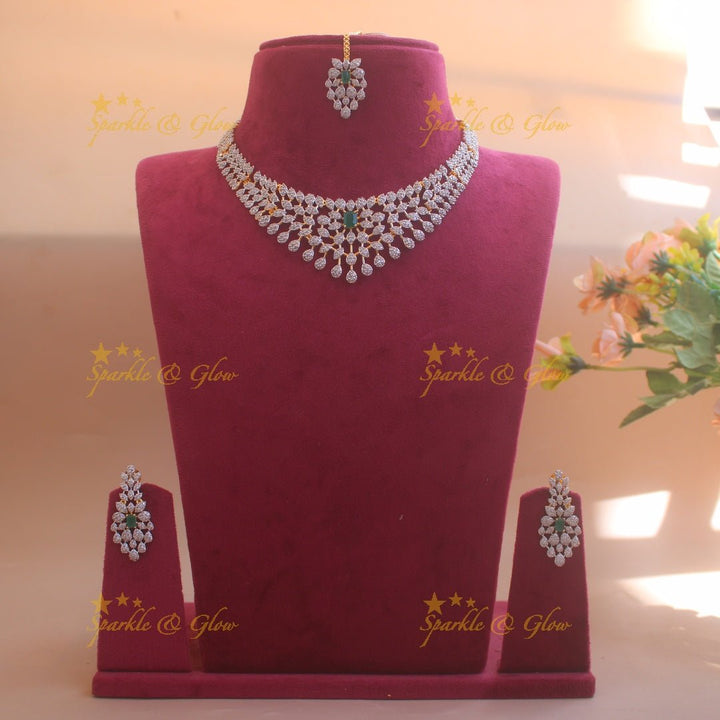 Beautiful Leaflet design American diamond short necklace with emerald with maang tikka - Sparkle and Glow - Back Thread - 