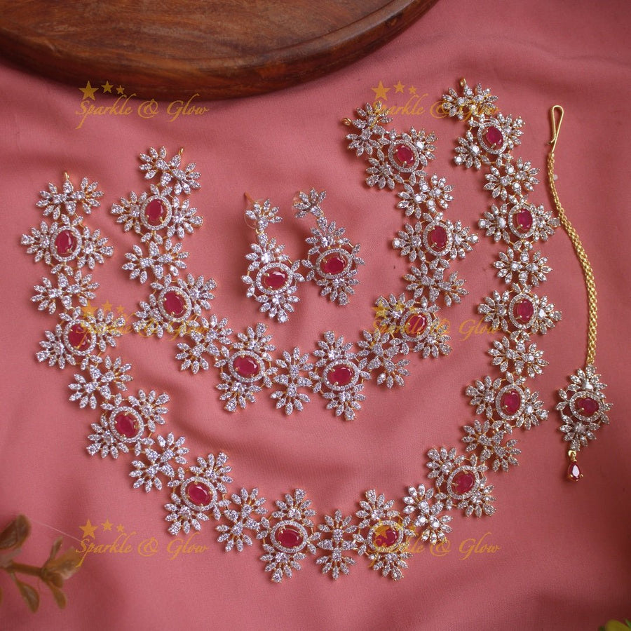 Exclusive Floral design American diamond necklace set with ruby stones with maang tikka - Sparkle and Glow - Back Thread - 
