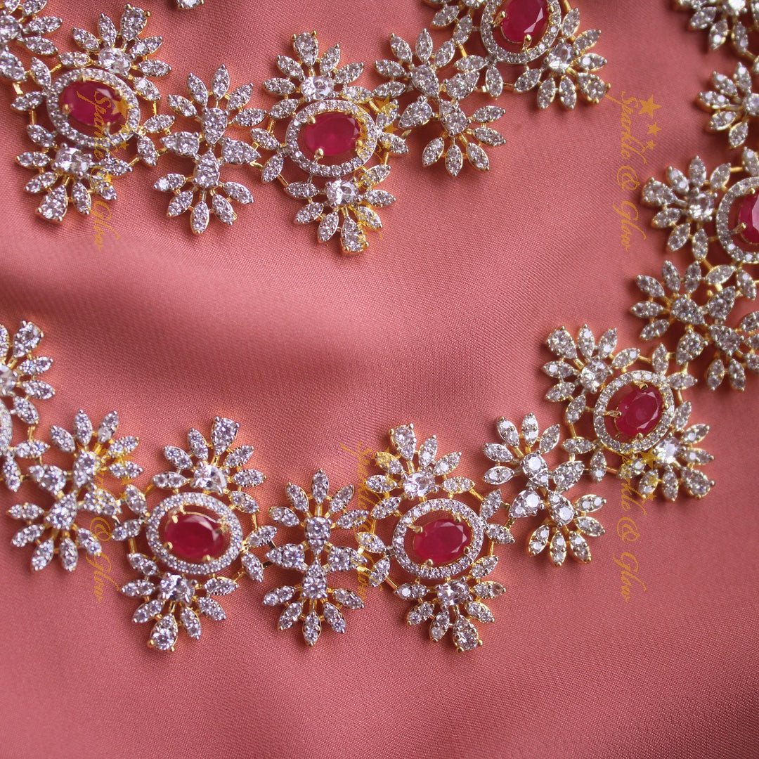 Exclusive Floral design American diamond necklace set with ruby stones with maang tikka - Sparkle and Glow - Back Thread - 