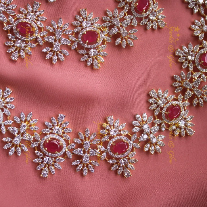 Exclusive Floral design American diamond necklace set with ruby stones with maang tikka - Sparkle and Glow - Back Thread - 
