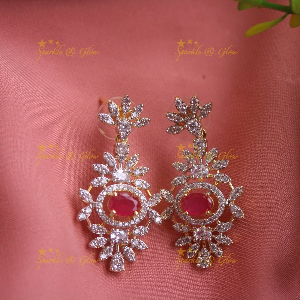 Exclusive Floral design American diamond necklace set with ruby stones with maang tikka - Sparkle and Glow - Back Thread - 
