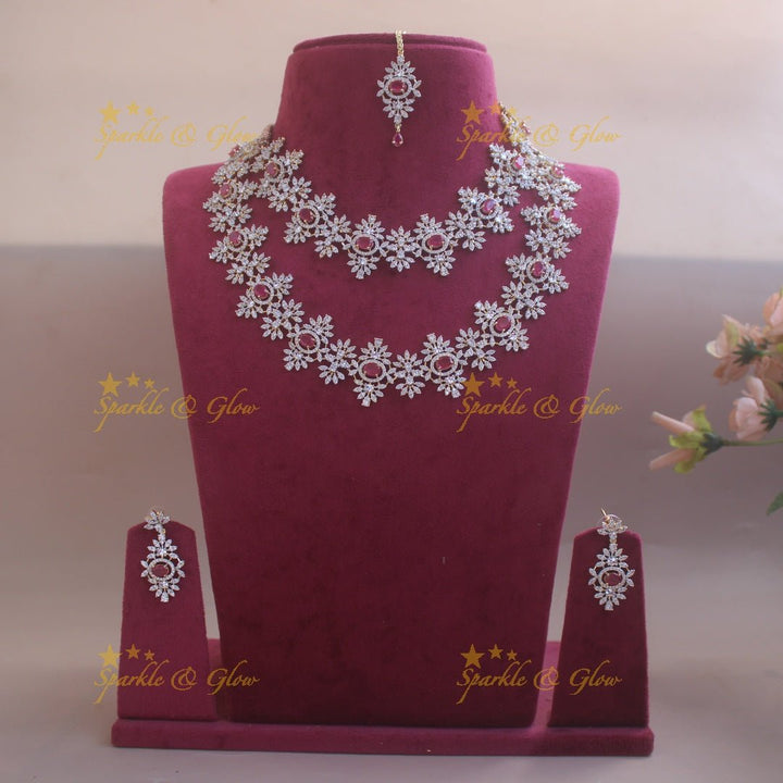 Exclusive Floral design American diamond necklace set with ruby stones with maang tikka - Sparkle and Glow - Back Thread - 
