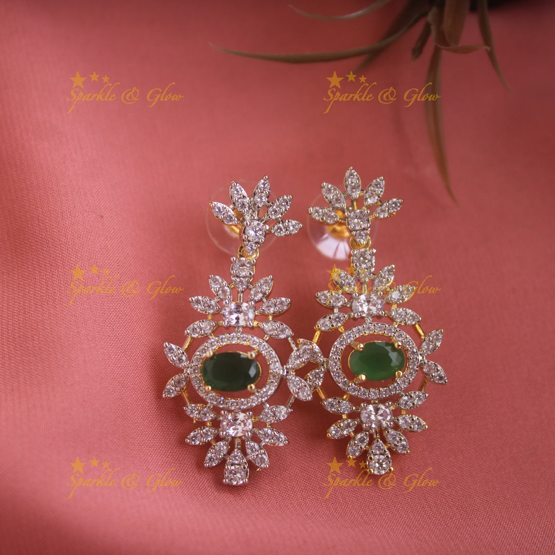 Exclusive Floral design American diamond necklace set  with emerald stones with maang tikka - green