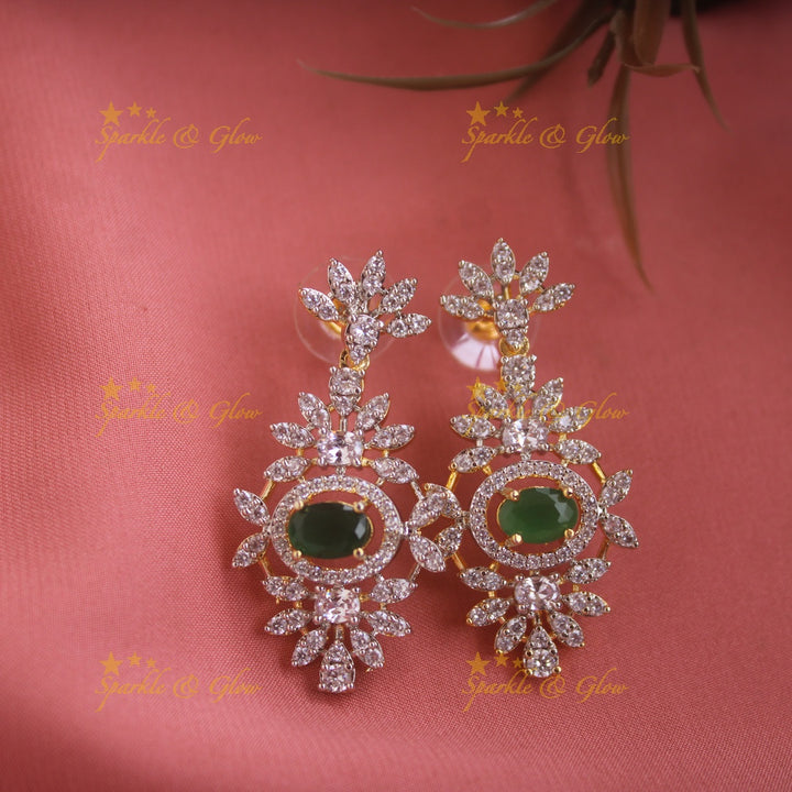 Exclusive Floral design American diamond necklace set  with emerald stones with maang tikka - green