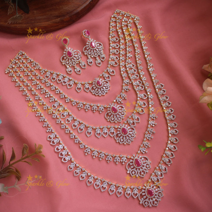 Sparkling Floral leaf design American diamond multi layer haram with emerald stones - green
